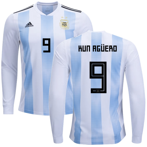 Argentina #9 Kun Aguero Home Long Sleeves Kid Soccer Country Jersey